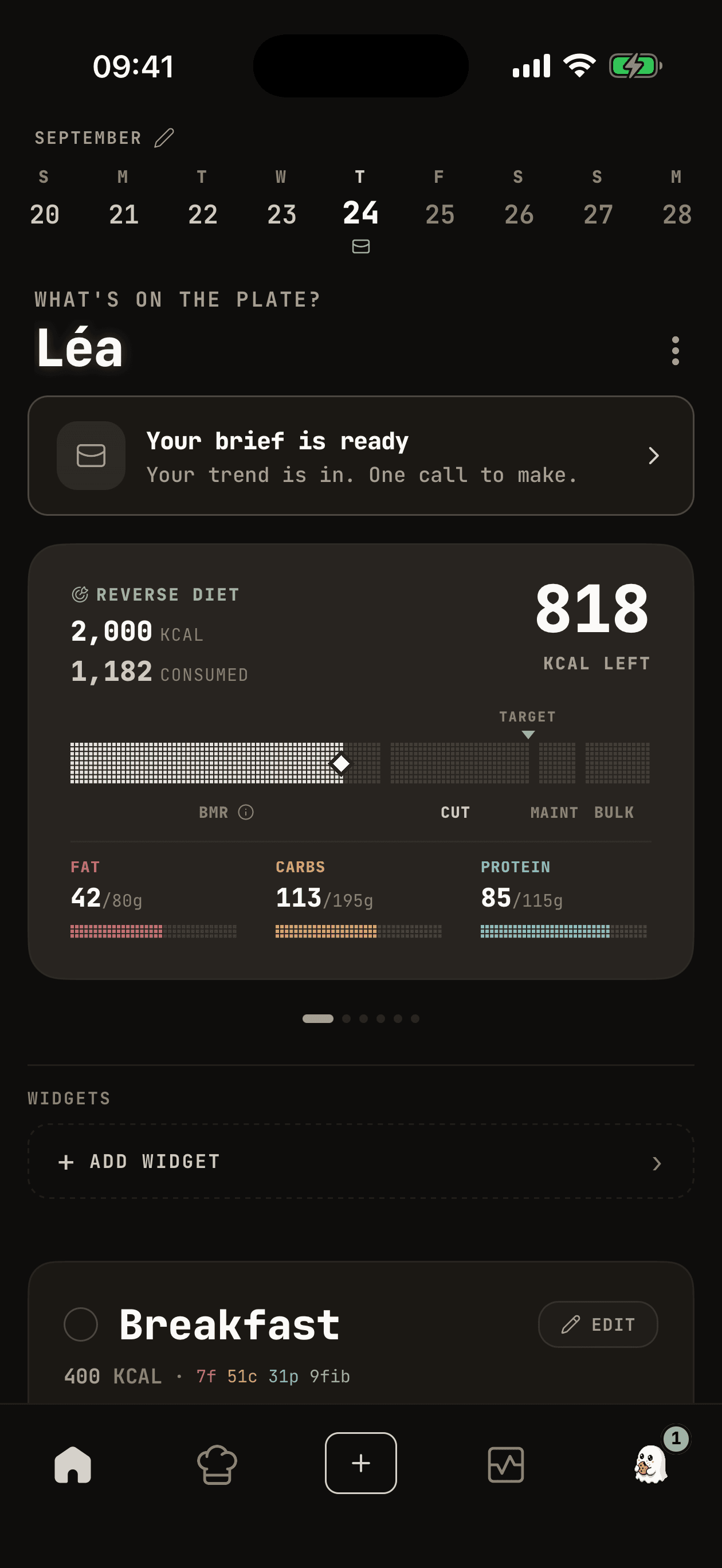 Home on Autopilot: Reverse Diet, Target 2,000 kcal, 818 kcal left, a Brief ready