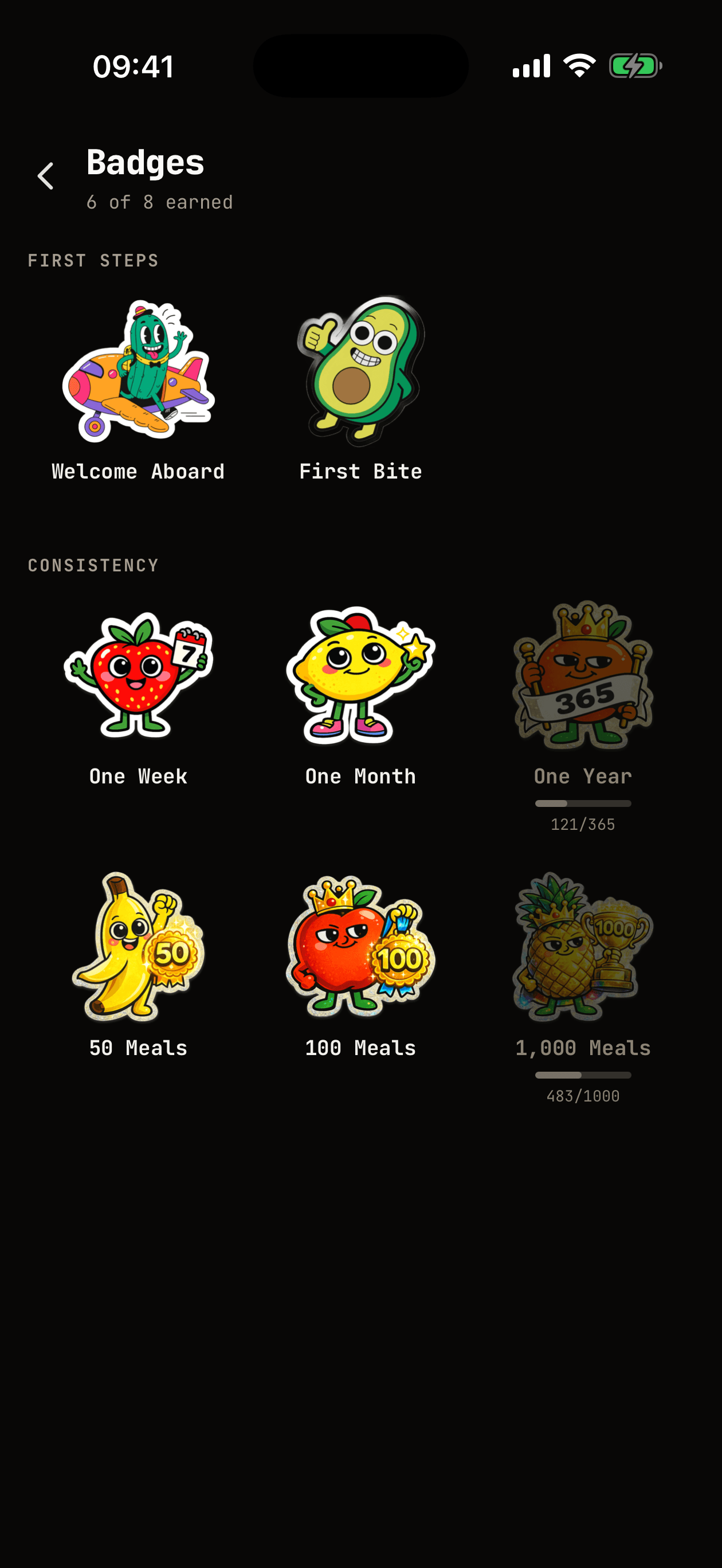 WhispCal badges screen showing unlocked achievement characters and progress