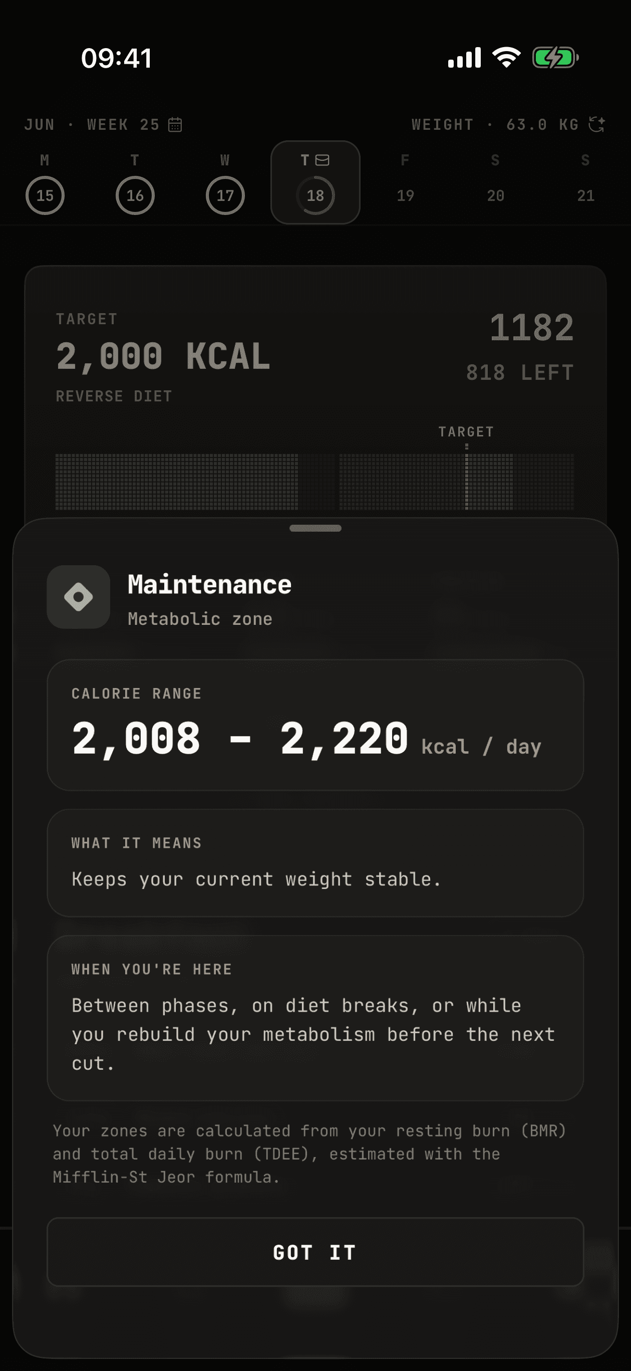 WhispCal macro balance view showing protein, carbs, and fat tracking with calorie ranges