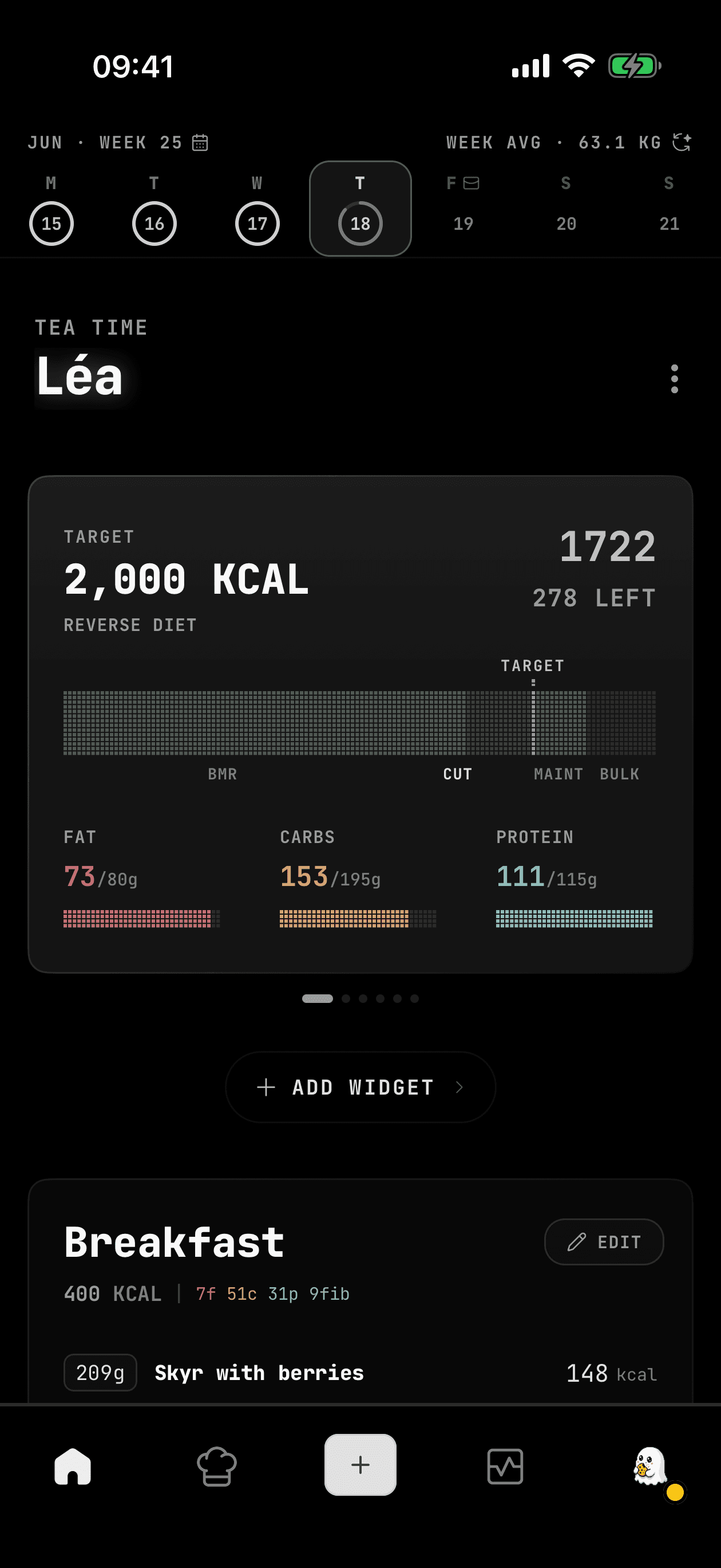 WhispCal home screen in the OLED Black theme